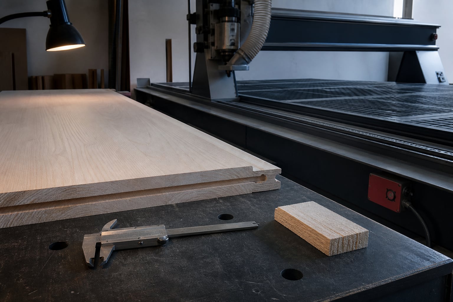 Werkstatt mit CNC-Fräse, vorbereiteten Holzelementen und Messwerkzeug